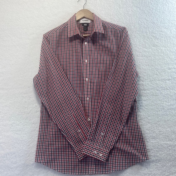 H & M Long Sleeve Business Casual Shirt Size Medium Red/Black Plaid - Picture 1 of 14
